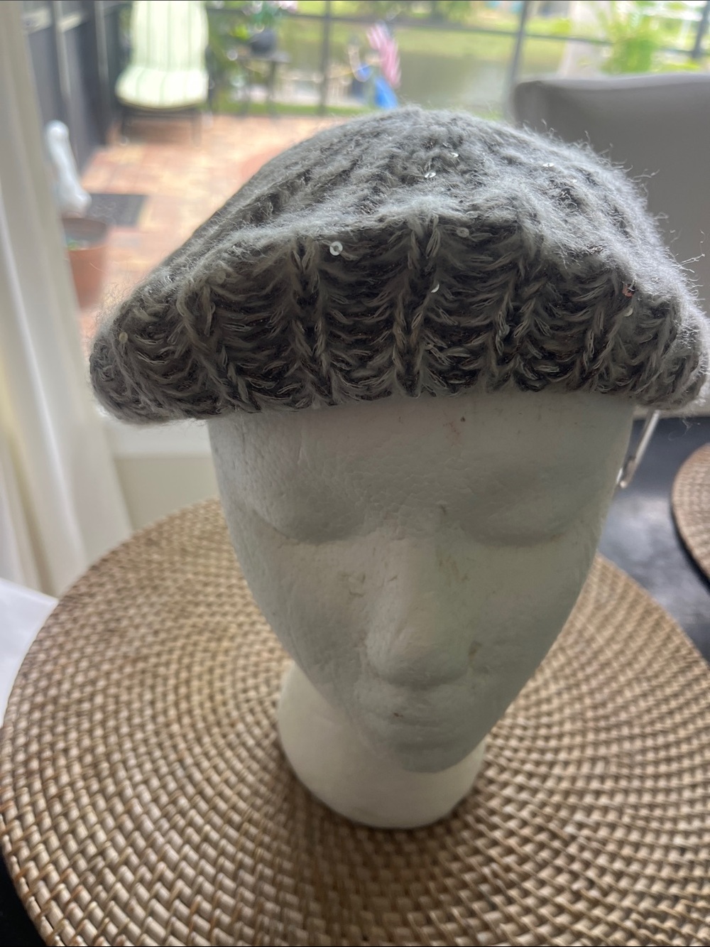NWT Mixit tan and white knitted beanie beret with sequence one size